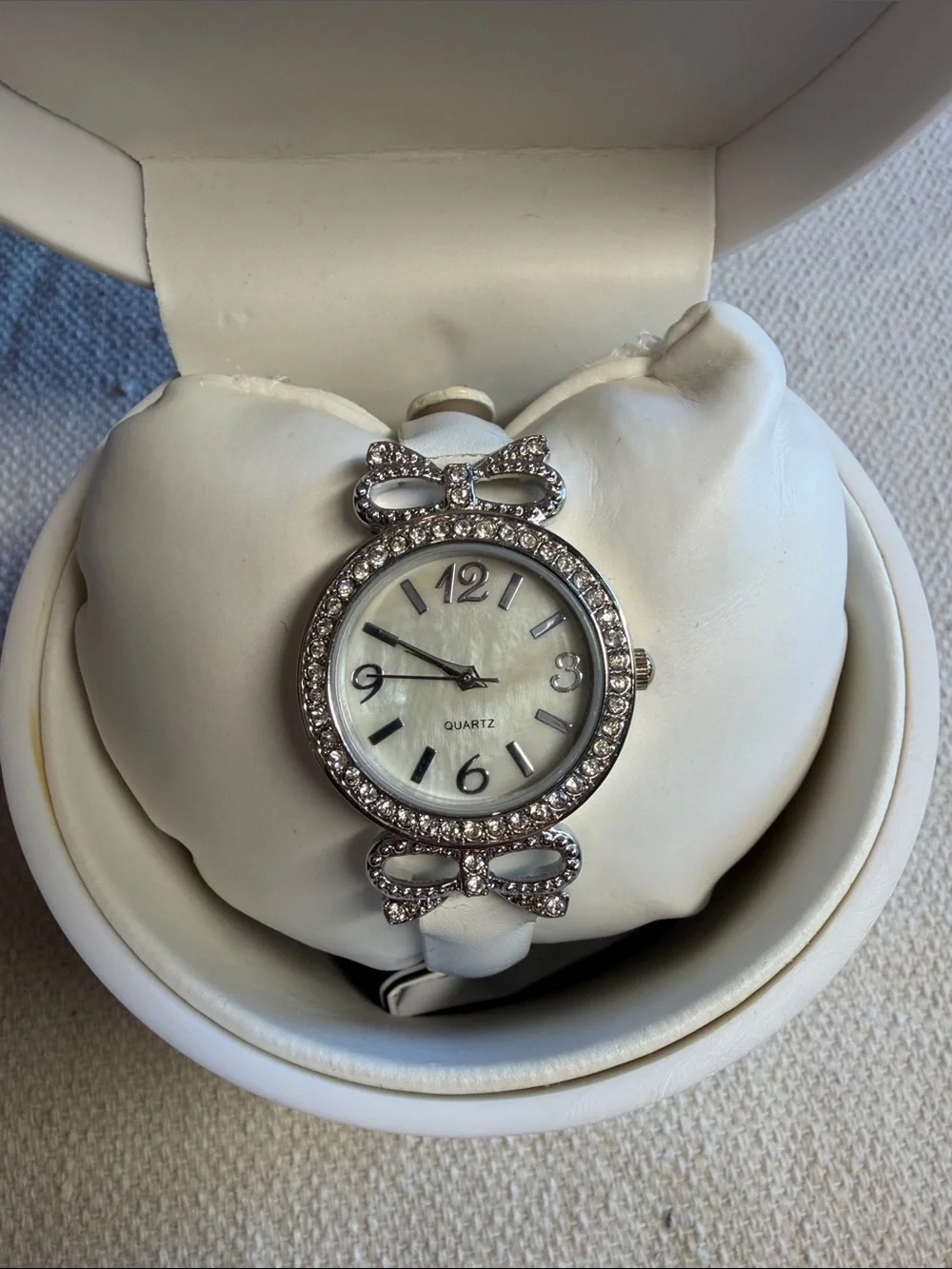 Silver Watch With Crystal Accent In Round in White Flower Pot Case NWT
